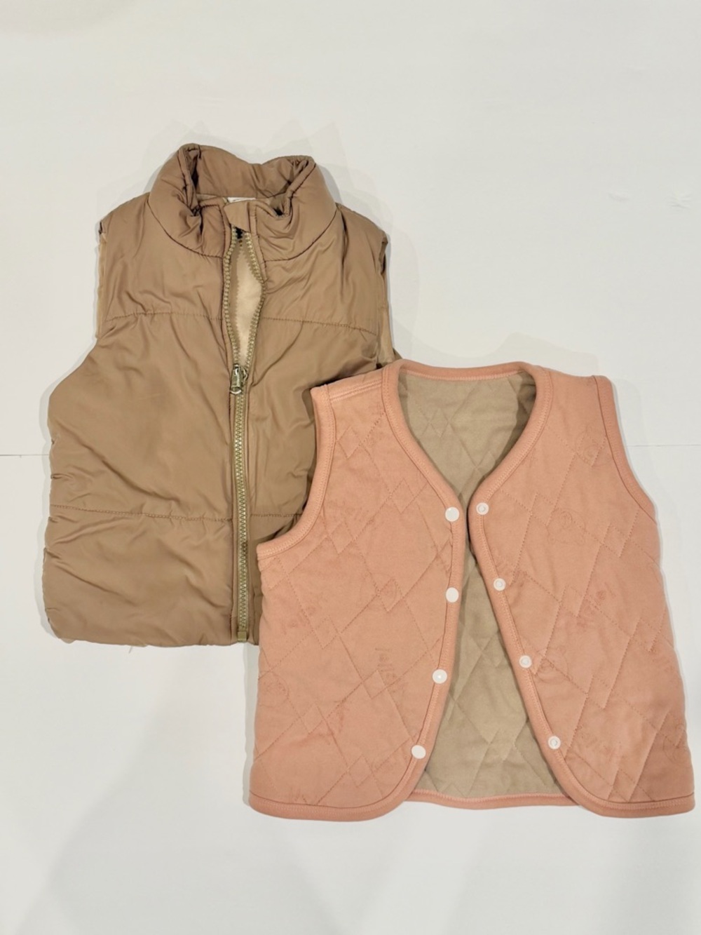 SHEIN Bundle Kids Vests - 2T/ 3T - Khaki Puffer & Pink Quilted Snap Vest